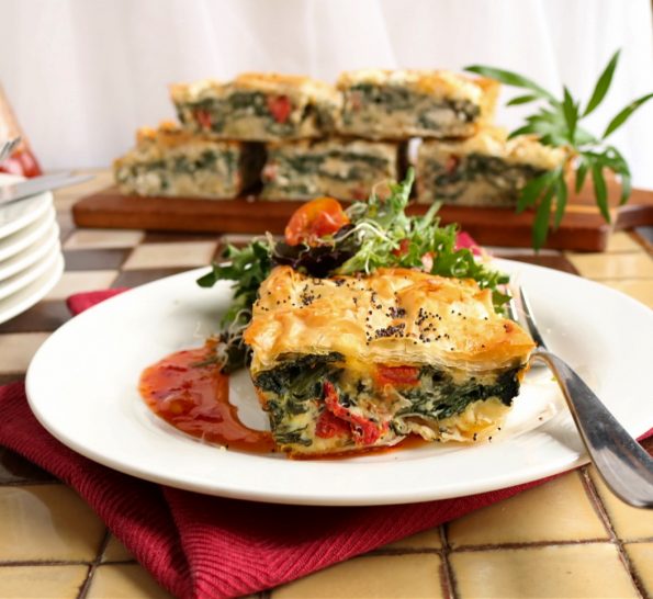 spinach, feta & sun dried tomato filo pie