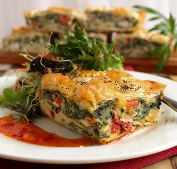 spinach, feta & sun dried tomato filo pie