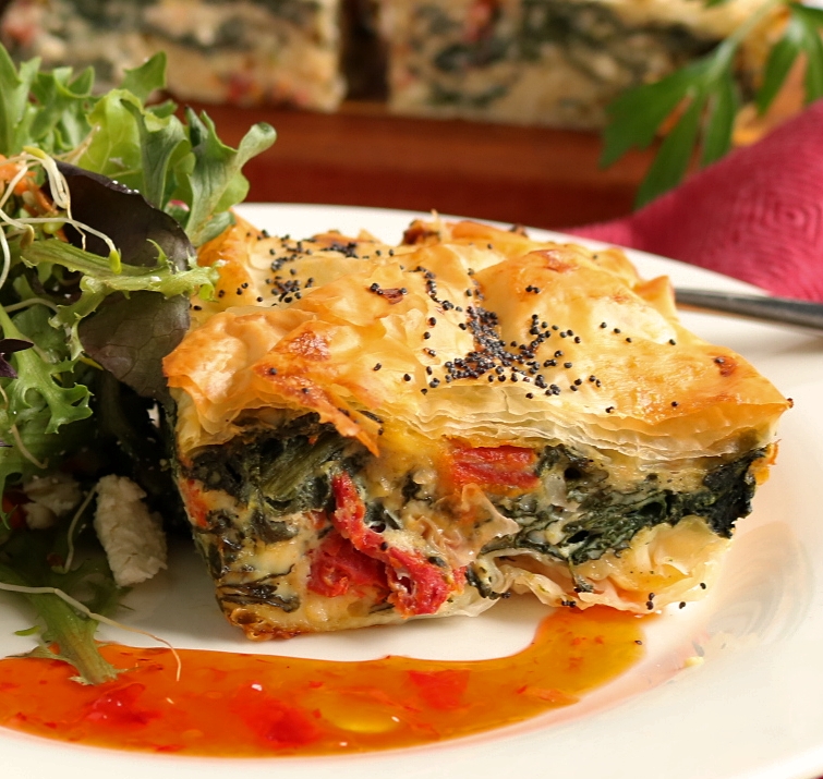 Flaky Spinach, Feta & Sun Dried Tomato, Filo Pie