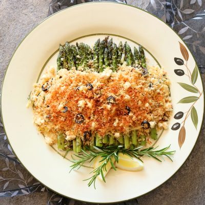 Chargrilled Asparagus under Olive & Feta, Parmesan Crumbs